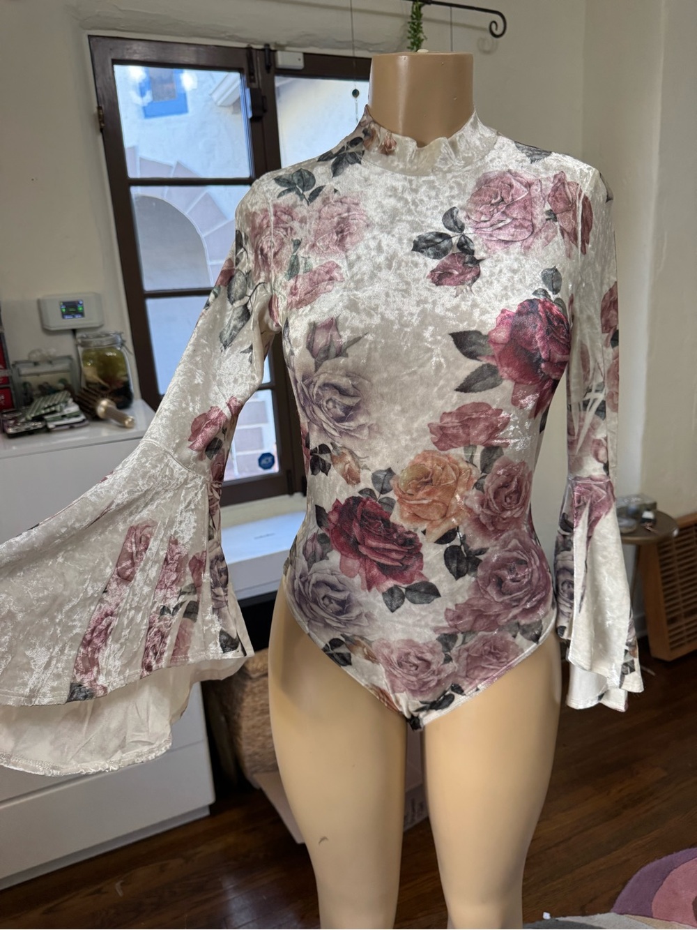 Floral Velvet Bell-Sleeve Bodysuit in Cream with Pink Rose Print NWOT